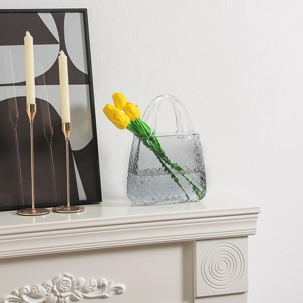Çanta Vazo Cam Çiçek Vazosu Dekoratif Antrasit Vazo Büyük Boy Oval Model 1,5kg Glass Bag Vase