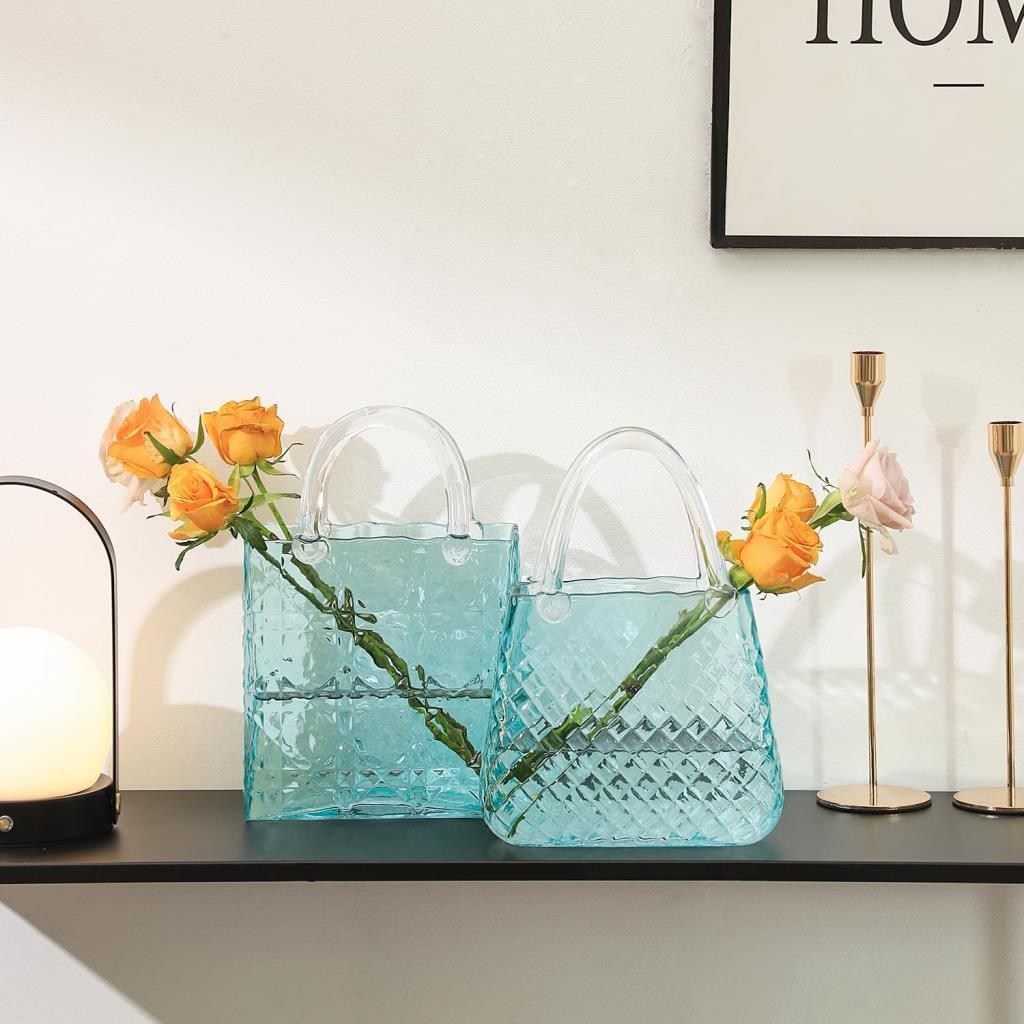 Çanta Vazo Köşeli Model Cam Çiçek Vazosu Dekoratif Mavi Vazo Büyük Boy Glass Bag Vase