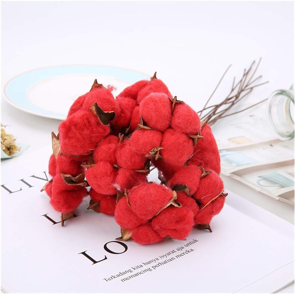 Doğal Pamuk Çiçeği Kırmızı 10 Adet Tekli Dal Kuru Çiçek 30 cm Yapay Çiçek