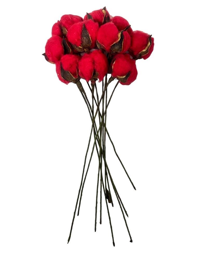 Doğal Pamuk Çiçeği Kırmızı 10 Adet Tekli Dal Kuru Çiçek 30 cm Yapay Çiçek