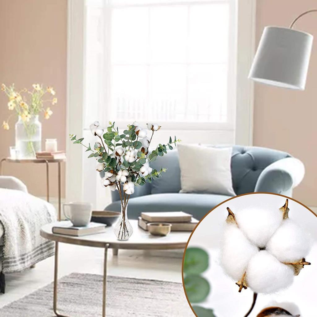 Doğal Pamuk Çiçeği Okaliptuslu 5li Kuru Çiçek Yapay Çiçek