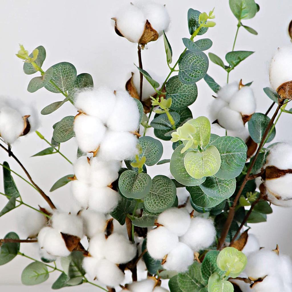 Doğal Pamuk Çiçeği Okaliptuslu 5li Kuru Çiçek Yapay Çiçek