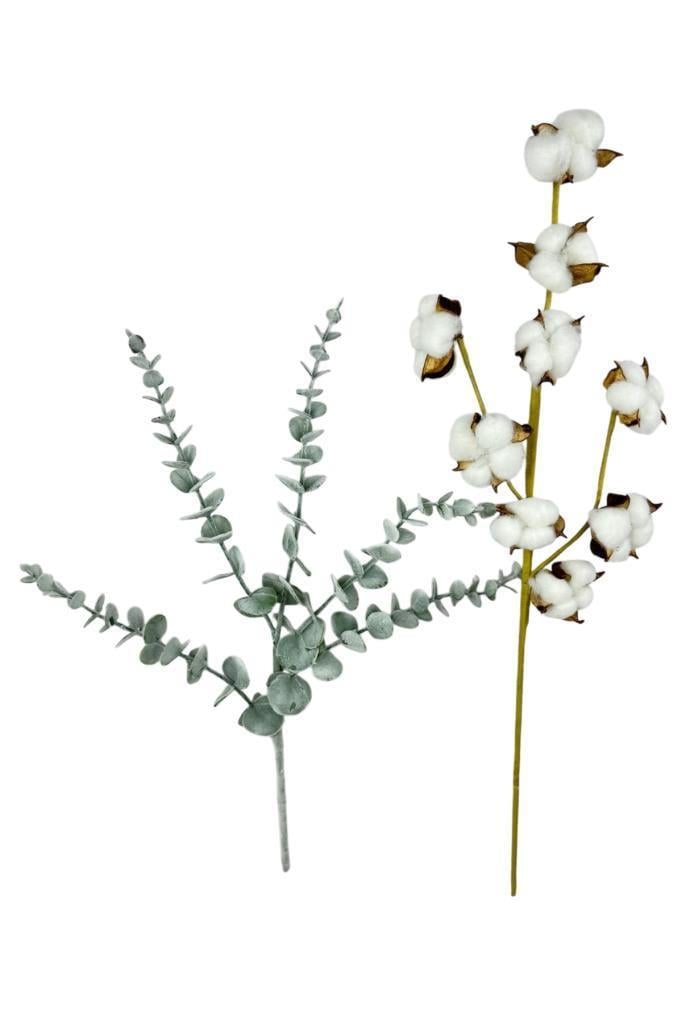 Doğal Pamuk Ve Okaliptus Çiçeği Kuru Çiçek Yapay Çiçek 2li Mix  