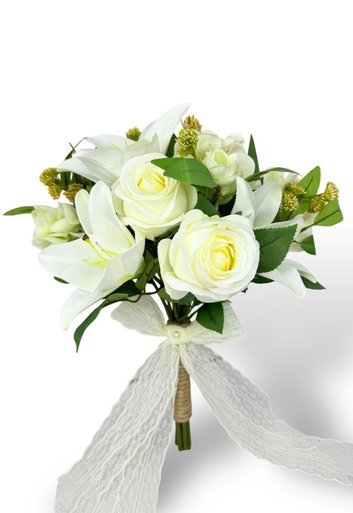 Gelin Çiçeği Yapay Çiçek Beyaz Gül Lilyum Ve Ortanca Aradallar Gelin Buketi
