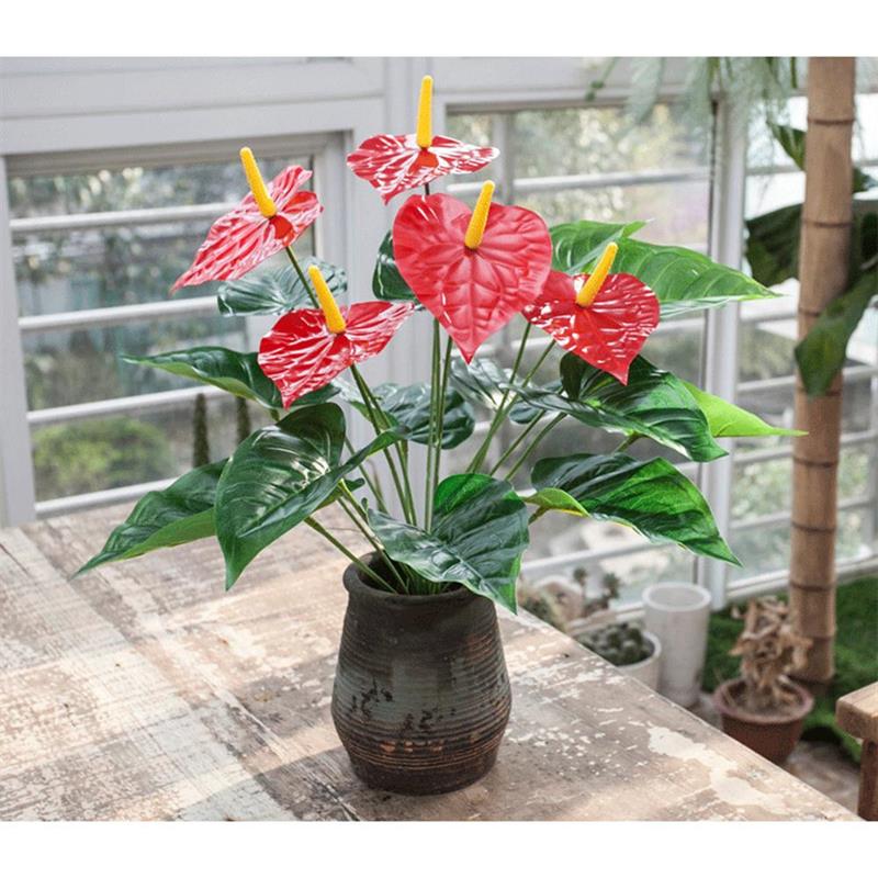Islak Antoryum Kırmızı Yapay Çiçek Etli 1.Kalite 3 Kafalı Anthurium