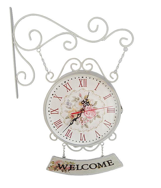 İstasyon Saati Çift Taraflı Metal Welcome Tabelalı Beyaz 