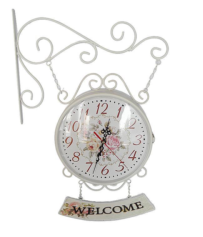 İstasyon Saati Çift Taraflı Metal Welcome Tabelalı Beyaz 