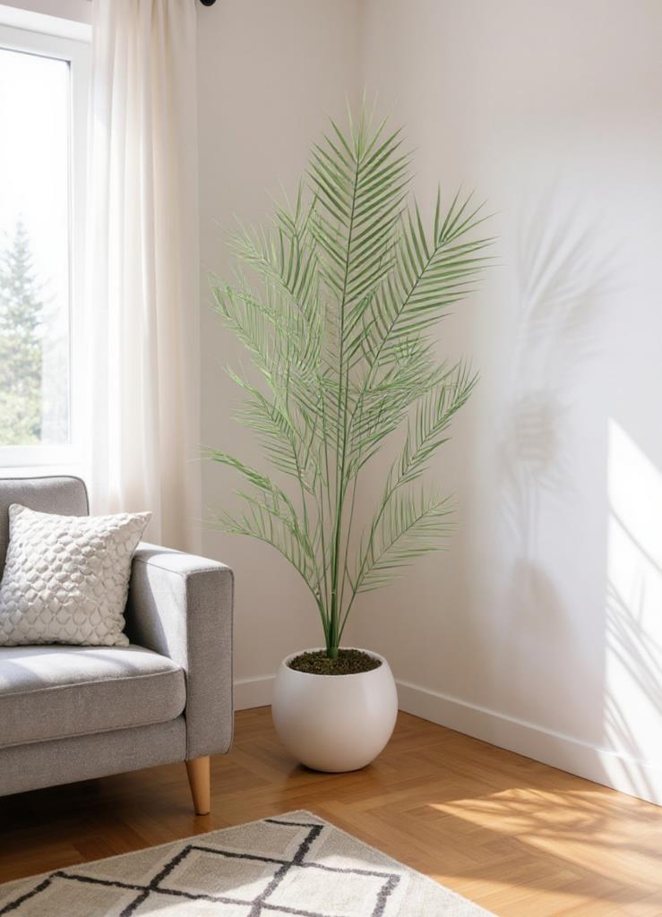 Yapay Ağaç 20 Yaprak Palmiye Ağacı Beyaz Küre Saksıda 130*60cm