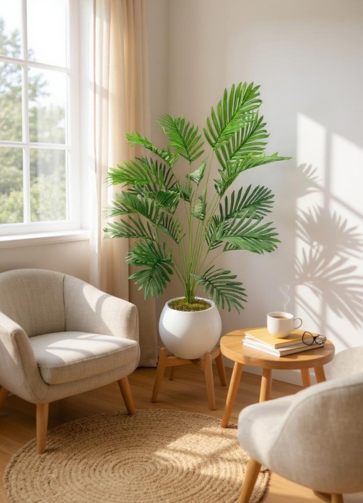 Yapay Ağaç 23 yaprak Palmiye Ağacı Beyaz Küre Saksıda 90*60cm