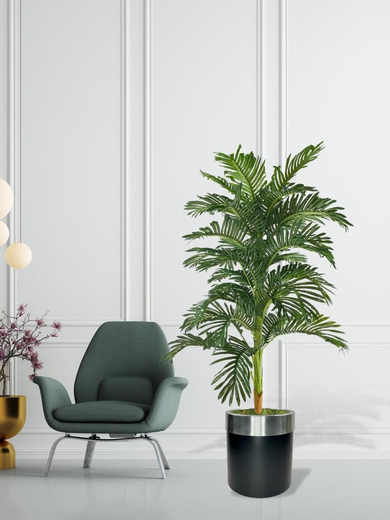 Yapay Ağaç Areka 150cm Gür Yapraklı Siyah Gümüş Paslanmaz Saksıda