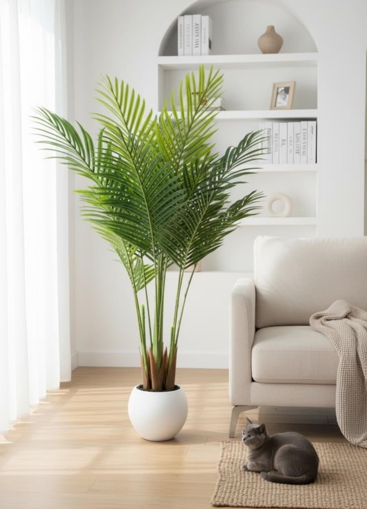 Yapay Ağaç Areka Ağacı Palmiye Ağacı Beyaz Küre Saksıda 140cm Salon Bitkisi 