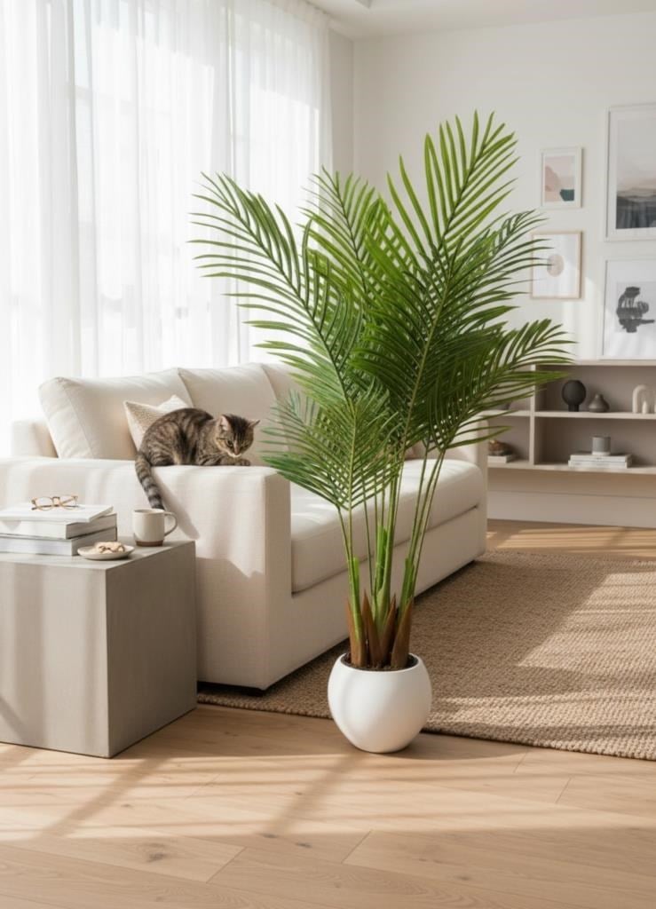 Yapay Ağaç Areka Ağacı Palmiye Ağacı Beyaz Küre Saksıda 140cm Salon Bitkisi 