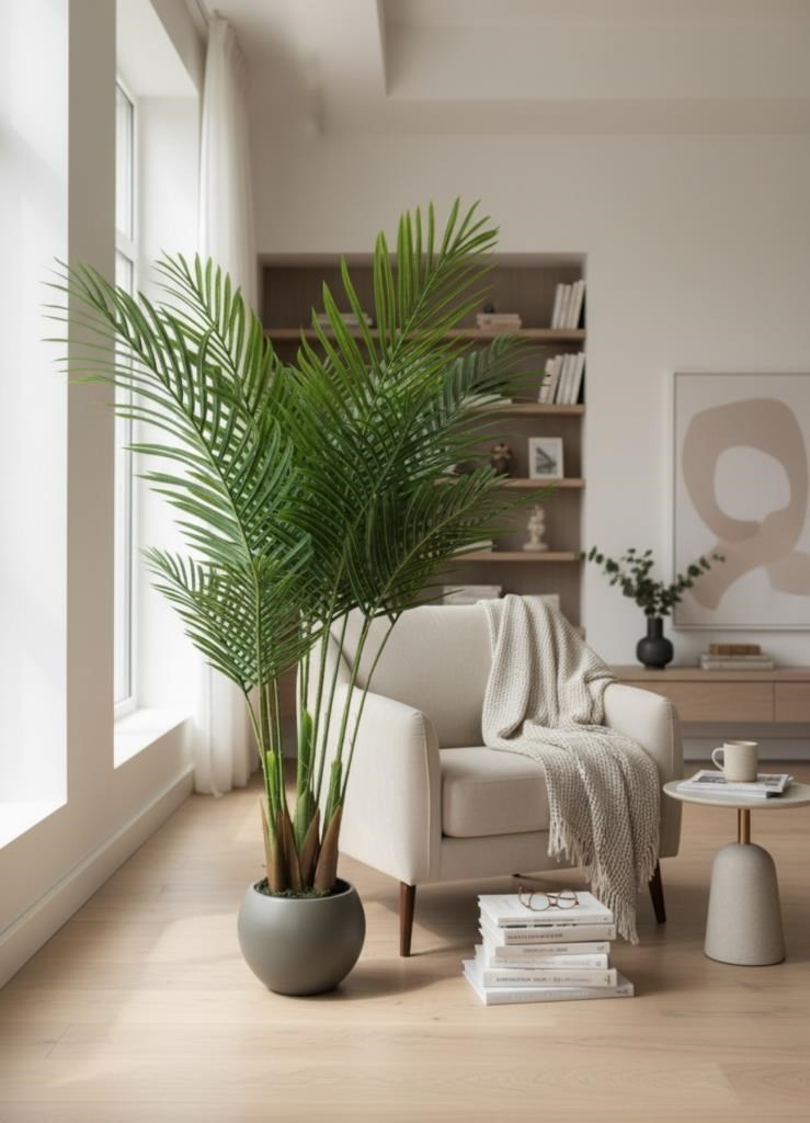 Yapay Ağaç Areka Ağacı Palmiye Ağacı Mokka Küre Saksıda 140cm Salon Bitkisi 
