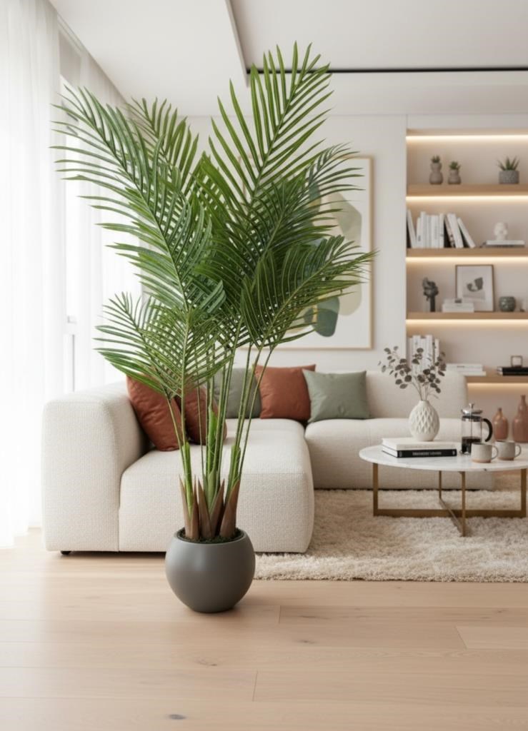 Yapay Ağaç Areka Ağacı Palmiye Ağacı Mokka Küre Saksıda 140cm Salon Bitkisi 