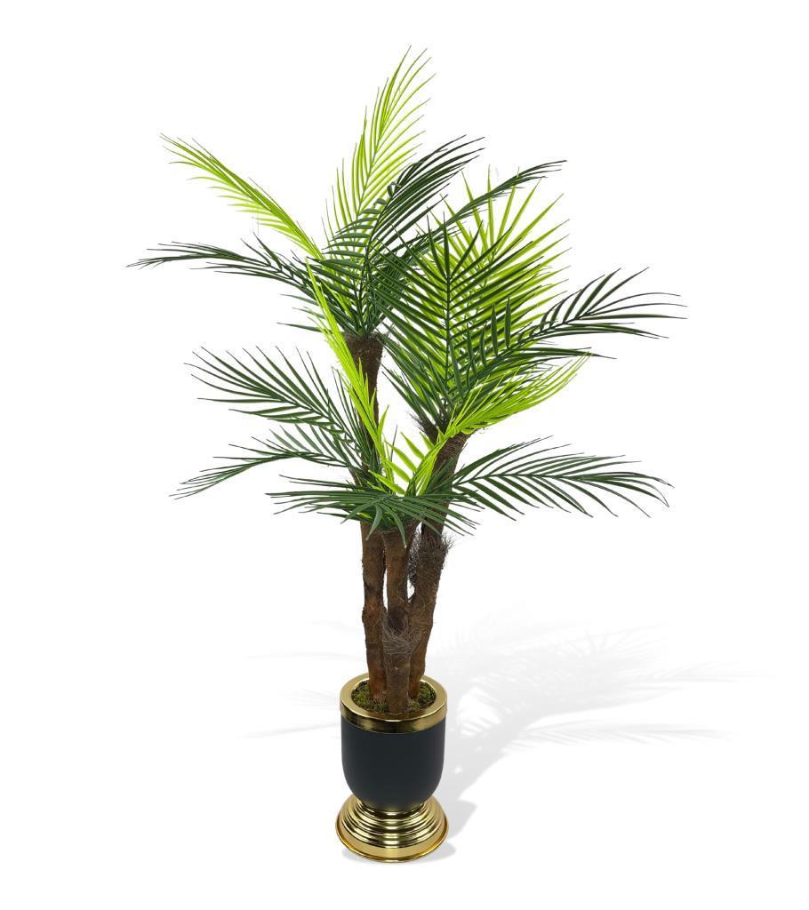 Yapay Ağaç Areka Palmiye Metal SiyahGold Lüks Vazoda 3Katlı 18Yaprak 110cm Salon Çiçeği Yapay Çiçek