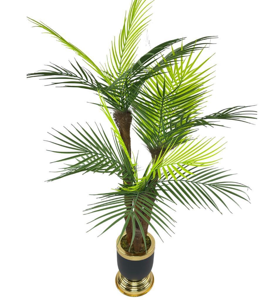 Yapay Ağaç Areka Palmiye Metal SiyahGold Lüks Vazoda 3Katlı 18Yaprak 110cm Salon Çiçeği Yapay Çiçek