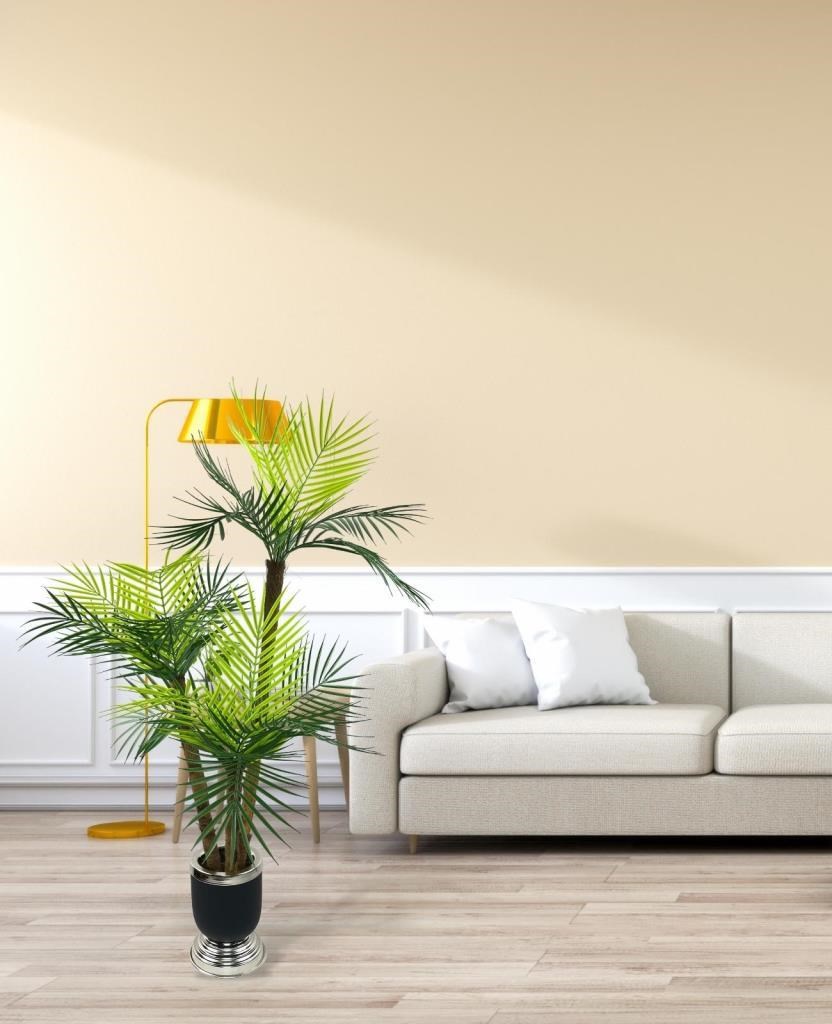 Yapay Ağaç Areka Palmiye Metal SiyahGümüş Lüks Vazoda 3Katlı 18Yaprak 110cm Salon Çiçeği Yapay Çiçek