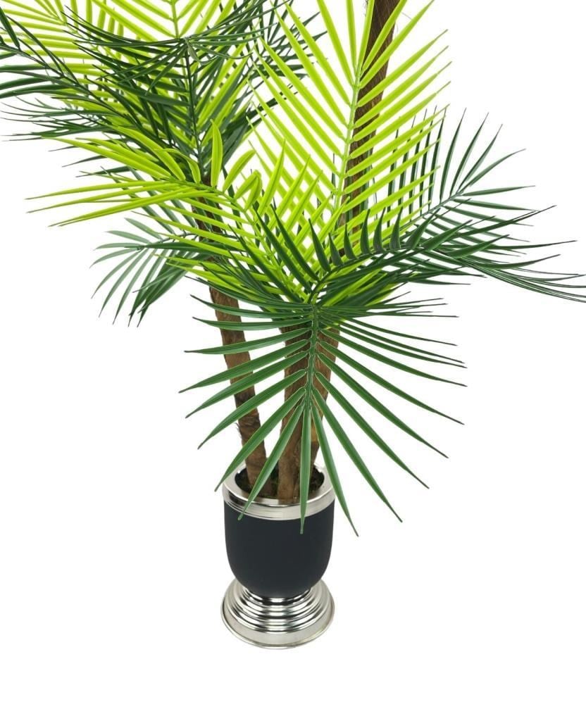 Yapay Ağaç Areka Palmiye Metal SiyahGümüş Lüks Vazoda 3Katlı 18Yaprak 110cm Salon Çiçeği Yapay Çiçek