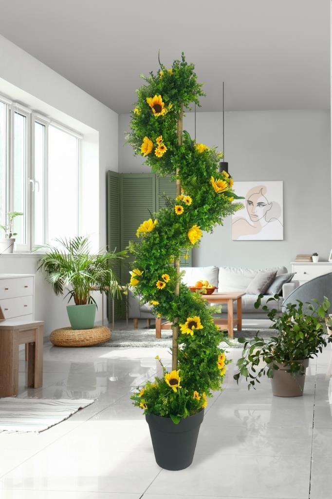 Yapay Ağaç Ay Çiçekli Spiral Şimşir Ağacı 160cm Bambu Saplı Salon Bitkisi