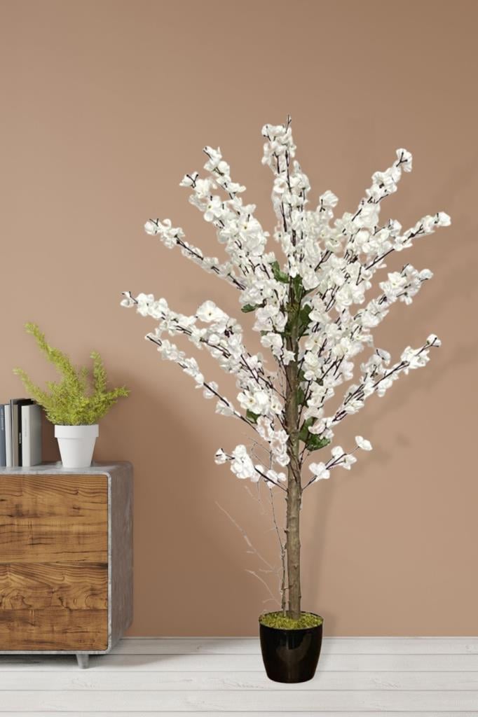 Yapay Ağaç Bahardalı Ağacı Beyaz Japon Kiraz Çiçeği Sakura Çiçeği 127x70cm Siyah Plastik Saksılı
