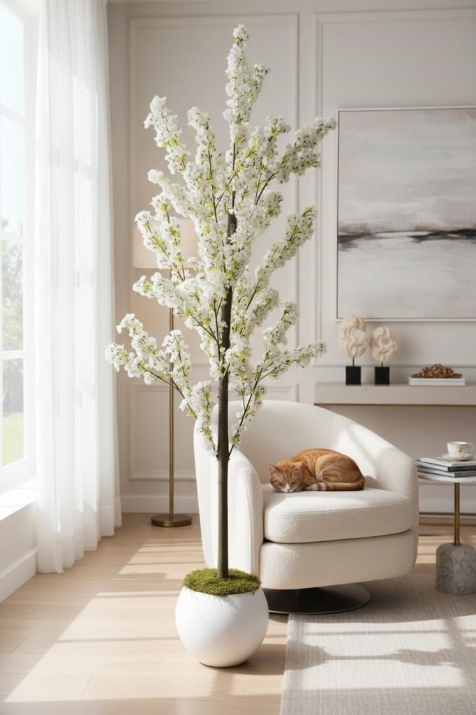 Yapay Ağaç Bahardalı Ağacı Beyaz Küre Saksıda Japon Kiraz Çiçeği Beyaz Renkli 170*60cm