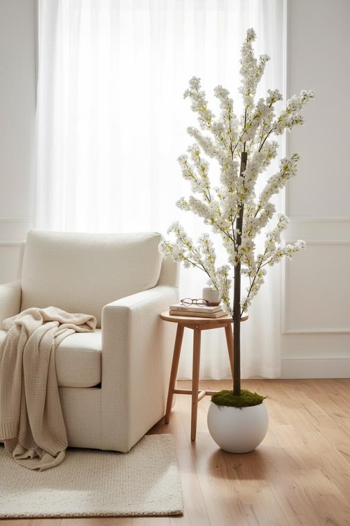 Yapay Ağaç Bahardalı Ağacı Beyaz Küre Saksıda Japon Kiraz Çiçeği Beyaz Renkli 170*60cm