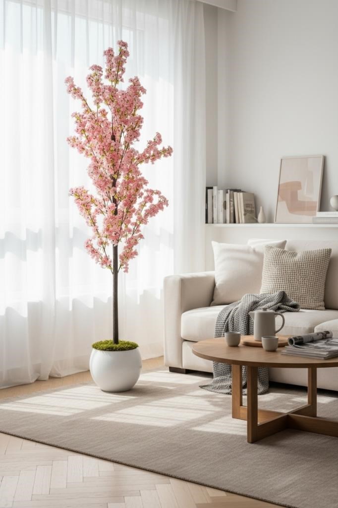 Yapay Ağaç Bahardalı Ağacı Beyaz Küre Saksıda Japon Kiraz Çiçeği Pembe Açık Renkli 170*60cm
