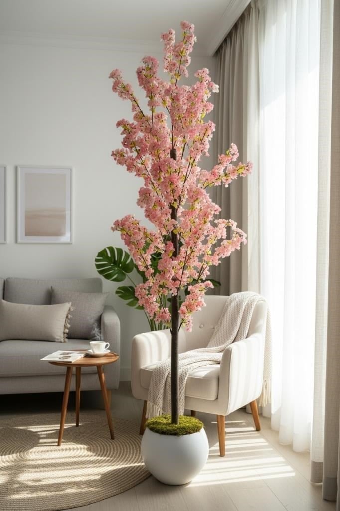 Yapay Ağaç Bahardalı Ağacı Beyaz Küre Saksıda Japon Kiraz Çiçeği Pembe Açık Renkli 170*60cm