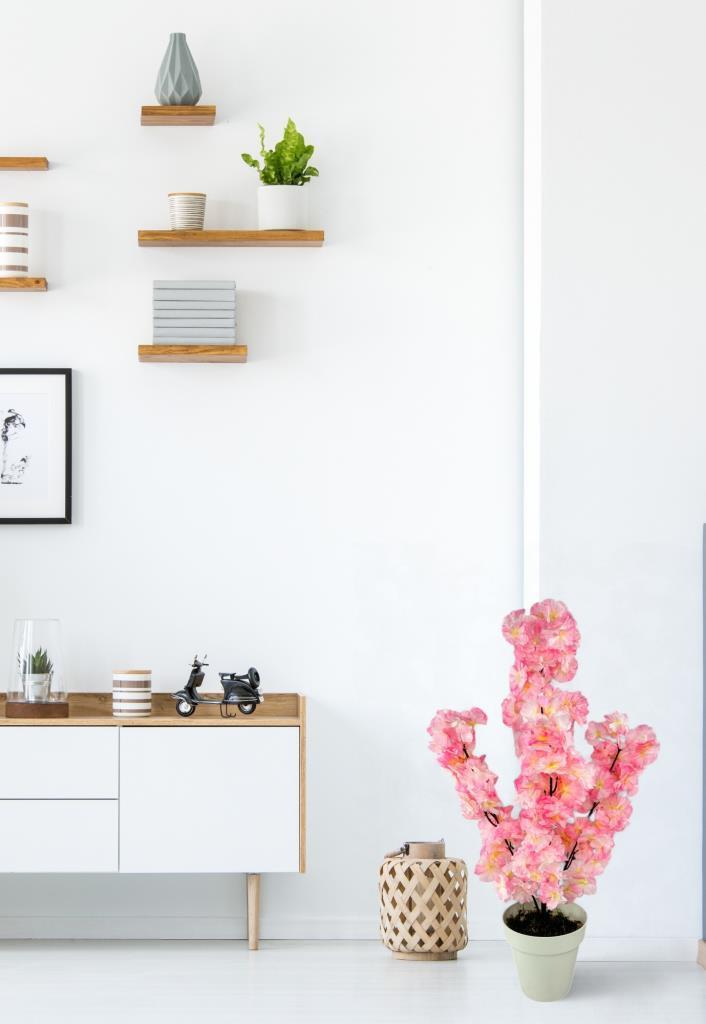 Yapay Ağaç Bahardalı Ağacı Pembe Japon Kiraz Çiçeği Sakura Çiçeği 70cm Beyaz Plastik Saksılı