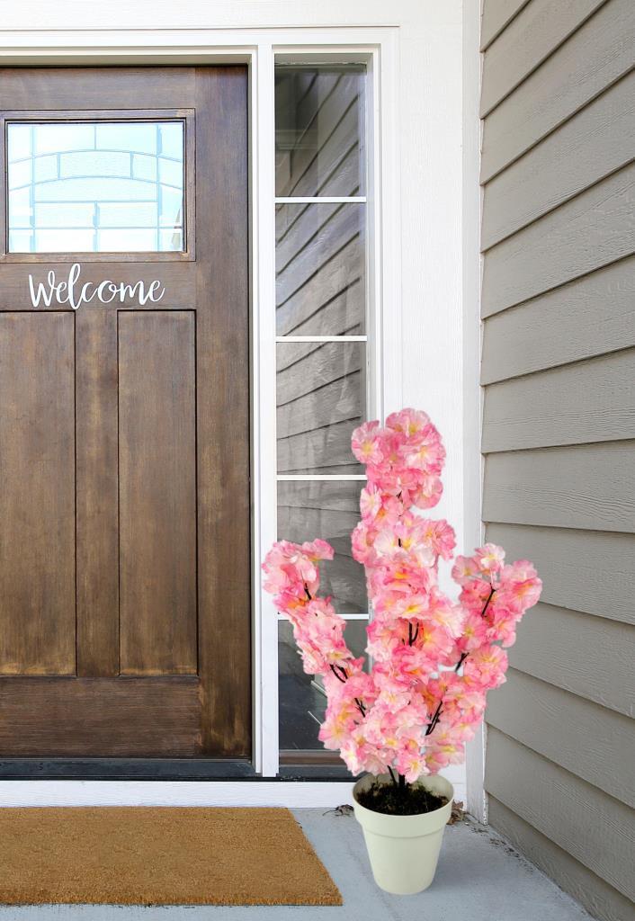 Yapay Ağaç Bahardalı Ağacı Pembe Japon Kiraz Çiçeği Sakura Çiçeği 70cm Beyaz Plastik Saksılı