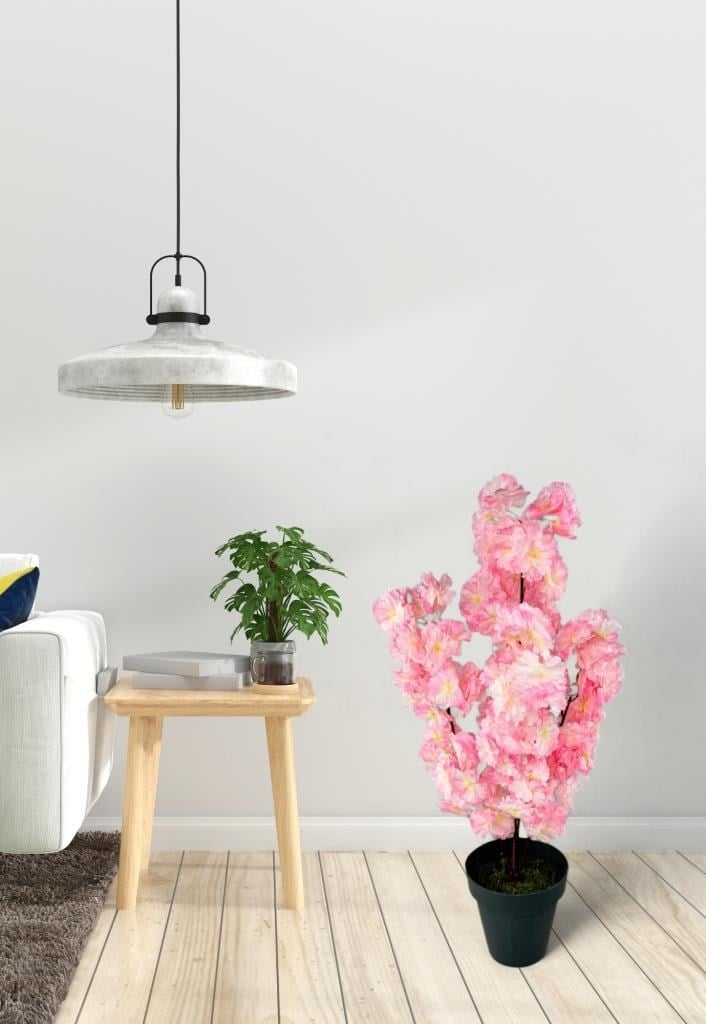 Yapay Ağaç Bahardalı Ağacı Pembe Japon Kiraz Çiçeği Sakura Çiçeği 70cm Siyah Plastik Saksılı