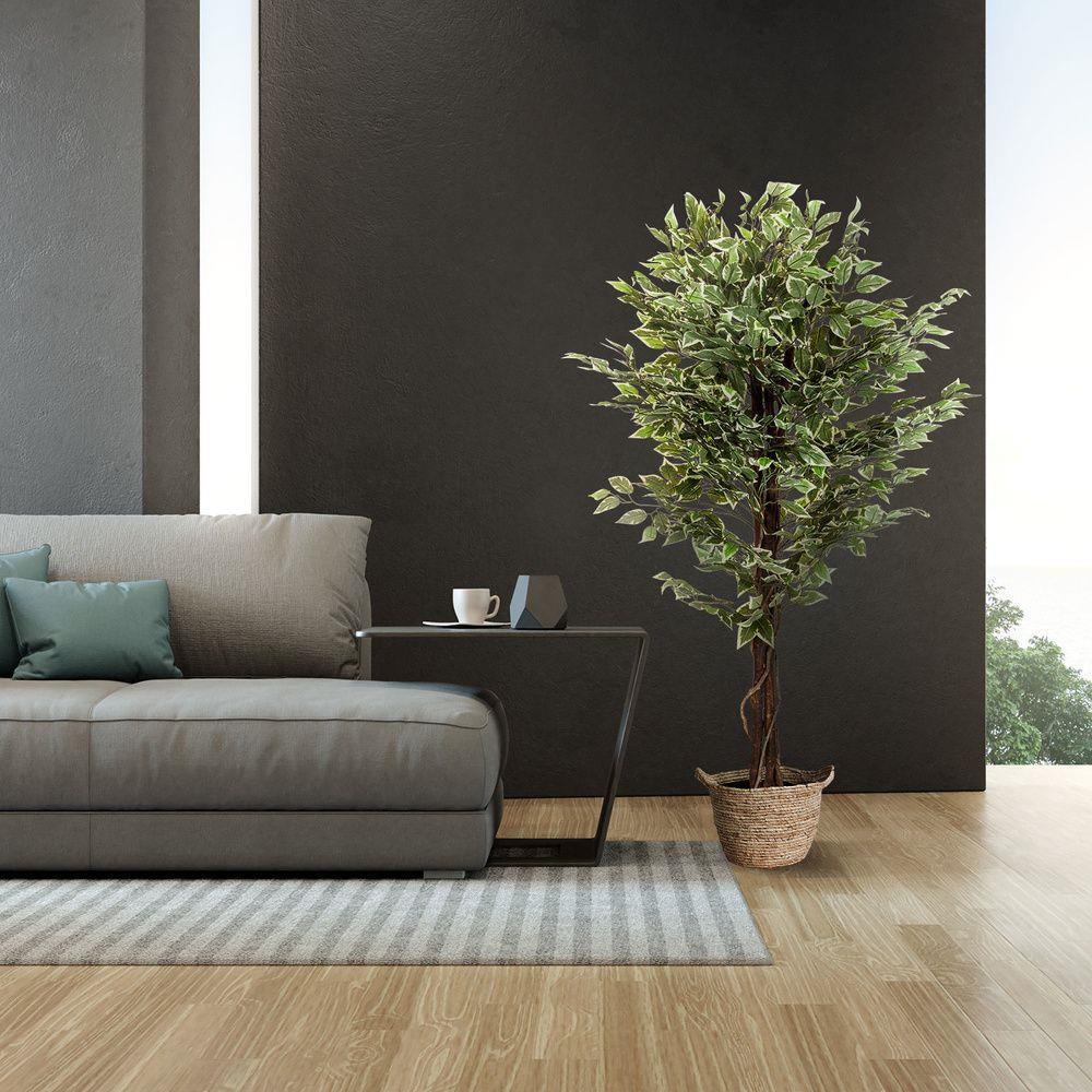 Yapay Ağaç Benjamin Yeşilbeyaz 2 Gövdeli Çalılı 165*80cm Siyah Plastik Saksılı