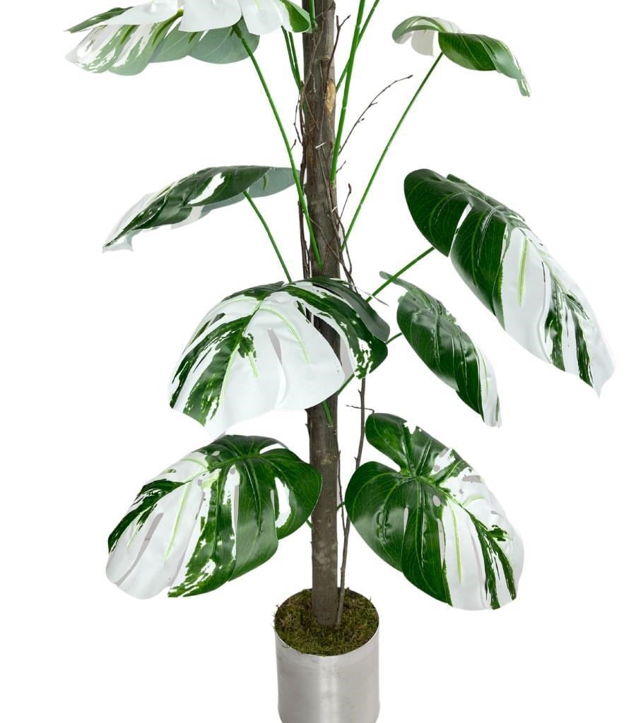 Yapay Ağaç Beyaz Monstera 18 Dallı Çalılı Gövde 120x60cm Gümüş Aleminyum Saksıda