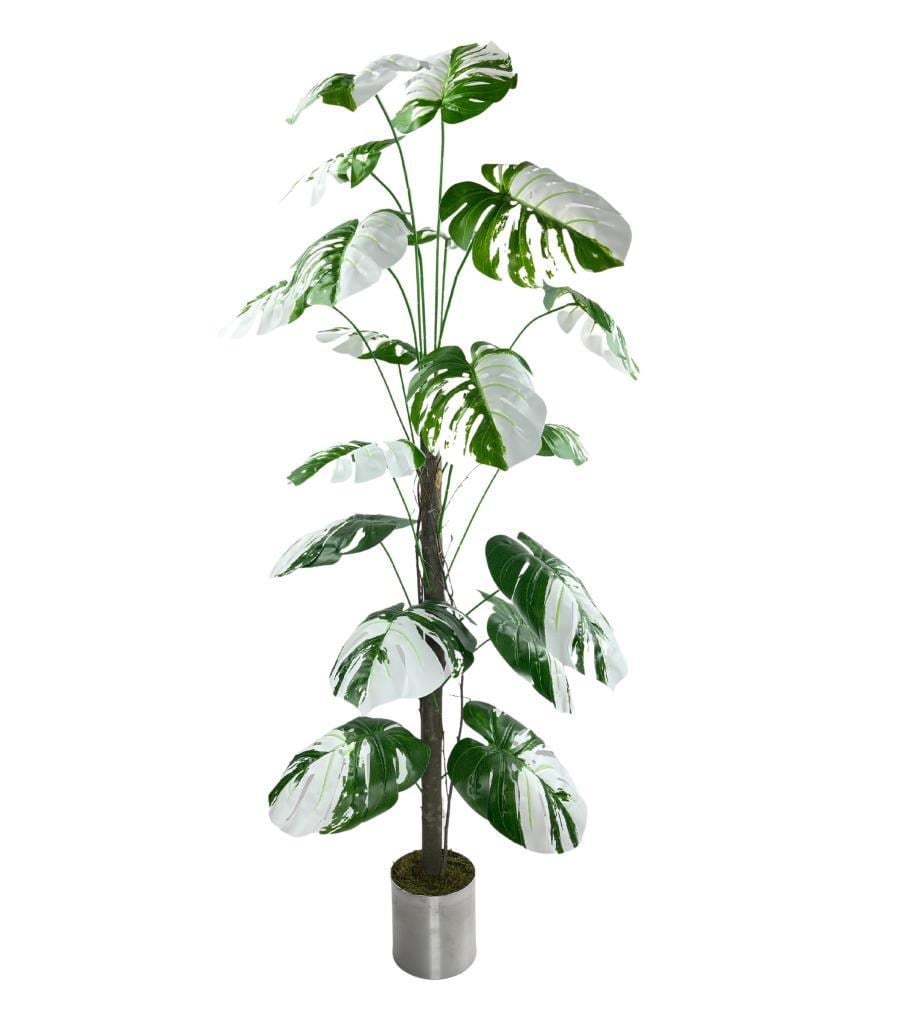 Yapay Ağaç Beyaz Monstera 18 Dallı Çalılı Gövde 120x60cm Gümüş Aleminyum Saksıda