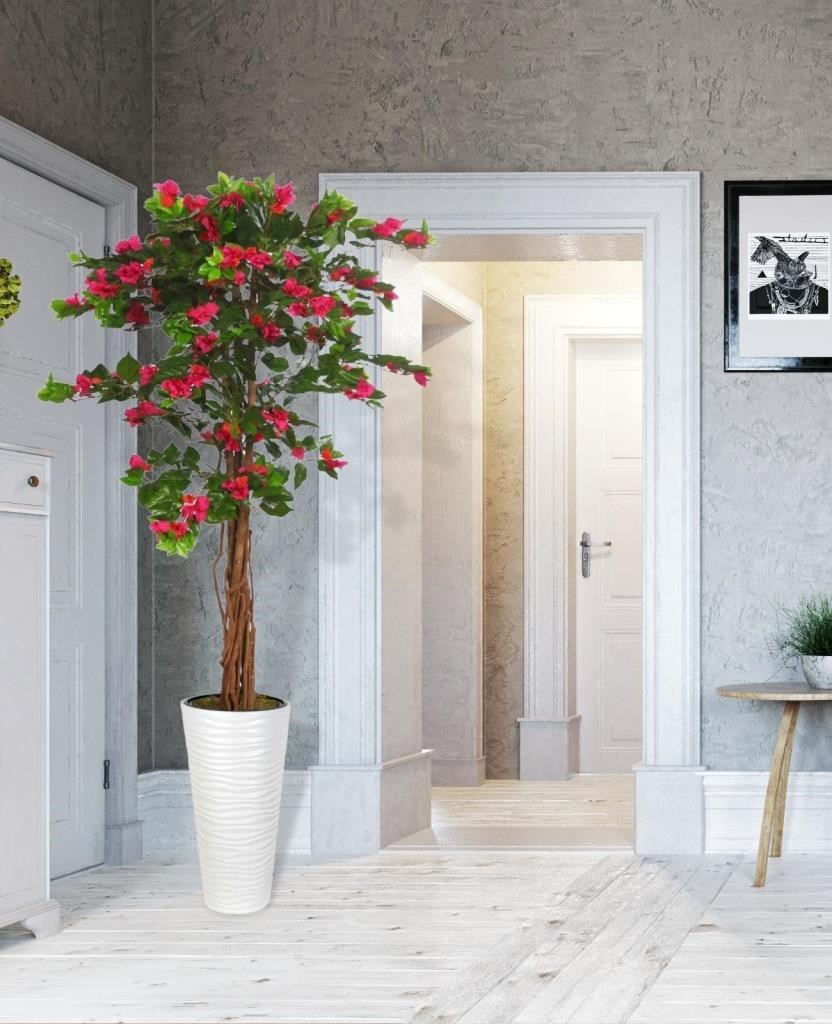 Yapay Ağaç Beyaz Uzun Kumsal Vazoda Begonvil Ağacı Fuşya Bodrum Çiçeği 180cm