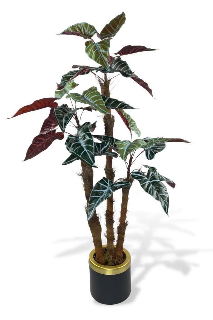 Yapay Ağaç Bordo Fil Kulağı Metal SiyahGold Vazoda 3Katlı 27Yaprak 120cm Salon Çiçeği Yapay Çiçek