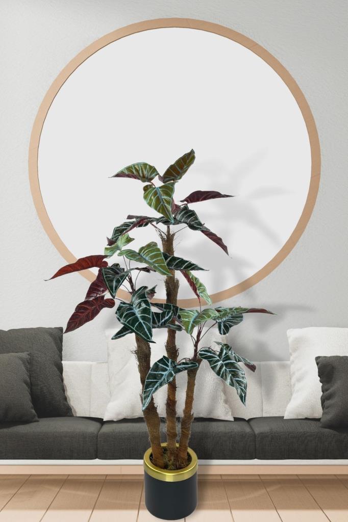 Yapay Ağaç Bordo Fil Kulağı Metal SiyahGold Vazoda 3Katlı 27Yaprak 120cm Salon Çiçeği Yapay Çiçek