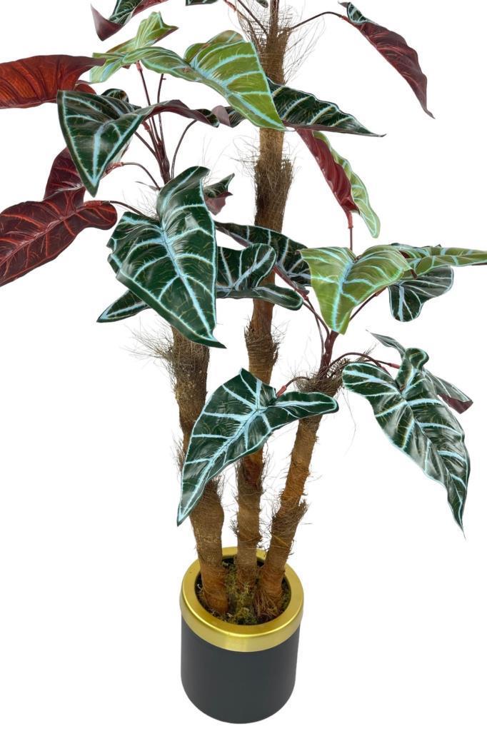 Yapay Ağaç Bordo Fil Kulağı Metal SiyahGold Vazoda 3Katlı 27Yaprak 120cm Salon Çiçeği Yapay Çiçek