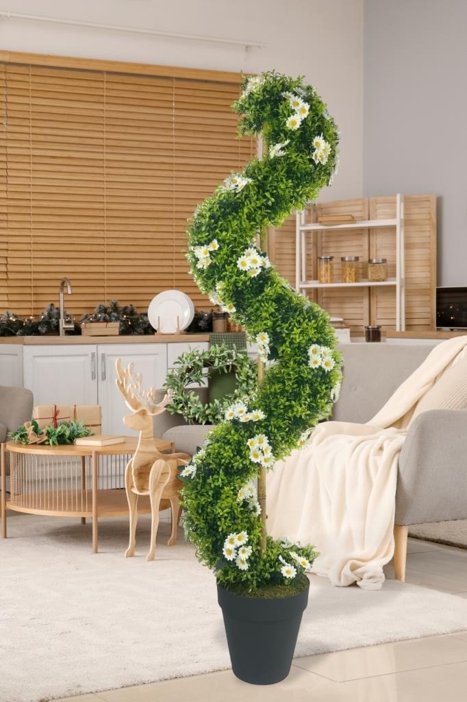 Yapay Ağaç Doğal Papatyalı Spiral Şimşir Ağacı 160cm Bambu Saplı Salon Bitkisi