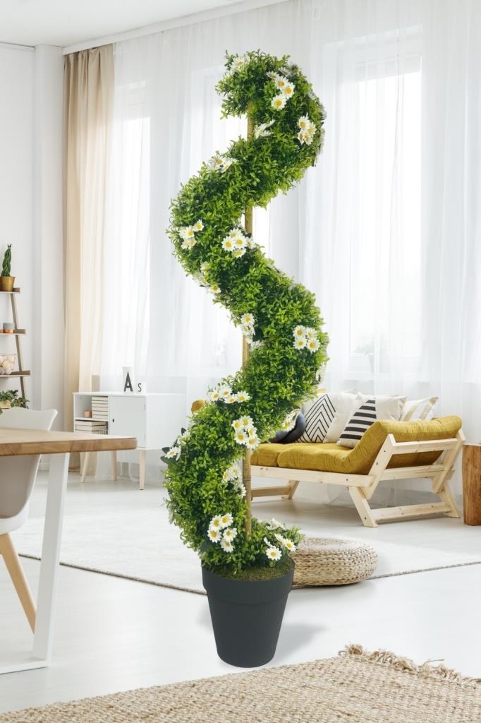 Yapay Ağaç Doğal Papatyalı Spiral Şimşir Ağacı 160cm Bambu Saplı Salon Bitkisi