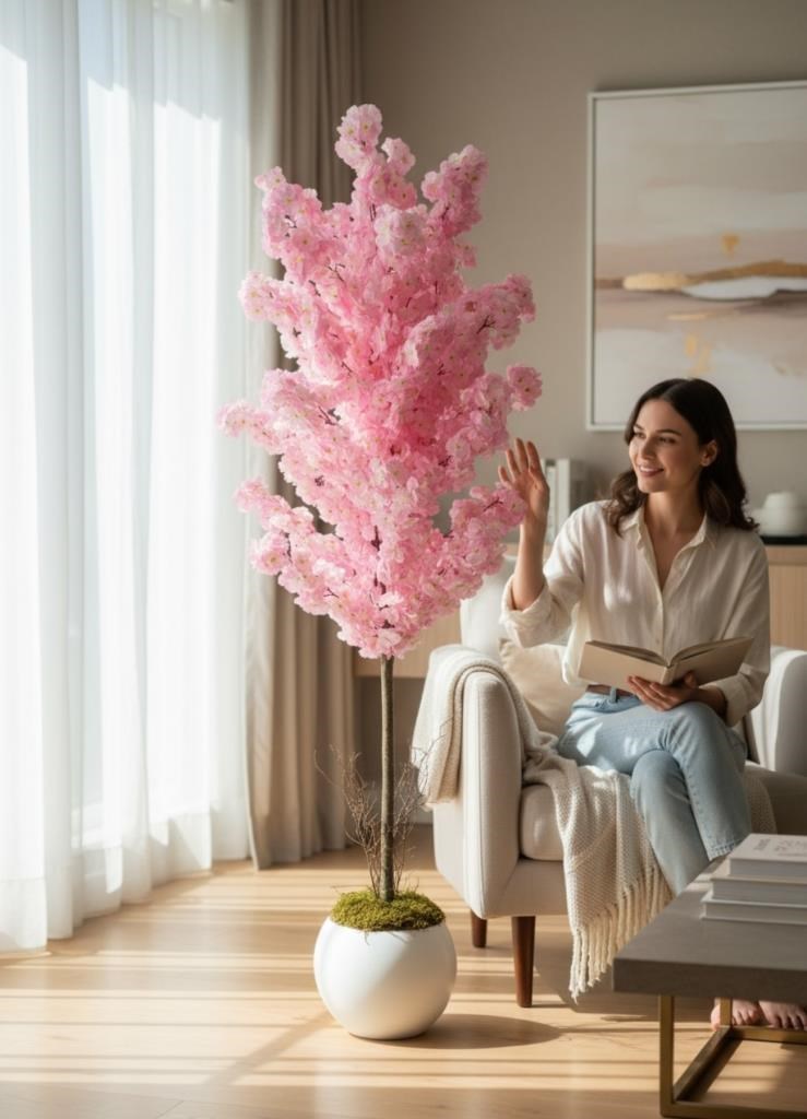 Yapay Ağaç Japon Kiraz Çiçeği Bahardalı Ağacı Beyaz Küre Saksıda Pembe Koyu Renkli 160cm