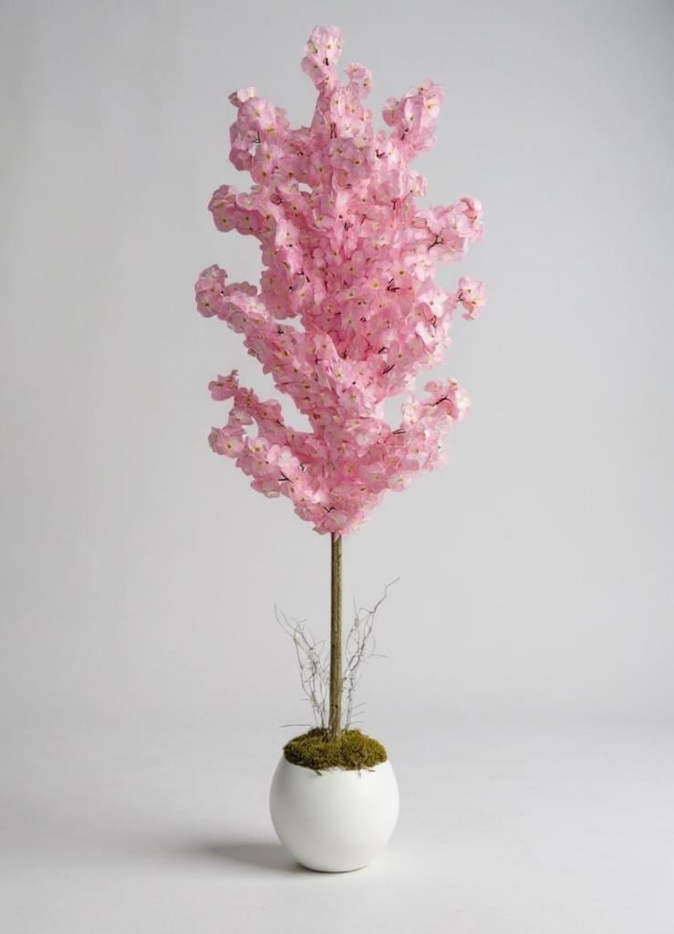 Yapay Ağaç Japon Kiraz Çiçeği Bahardalı Ağacı Beyaz Küre Saksıda Pembe Koyu Renkli 160cm