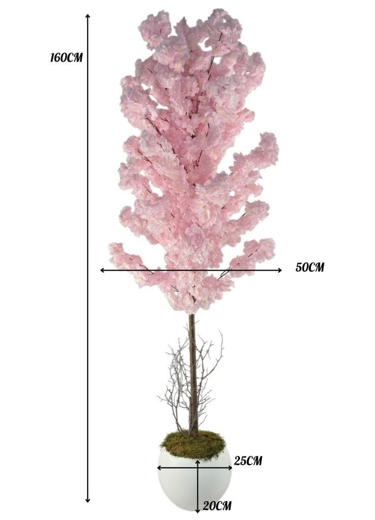 Yapay Ağaç Japon Kiraz Çiçeği Bahardalı Ağacı Beyaz Küre Saksıda Pembe Açık Renkli 160cm