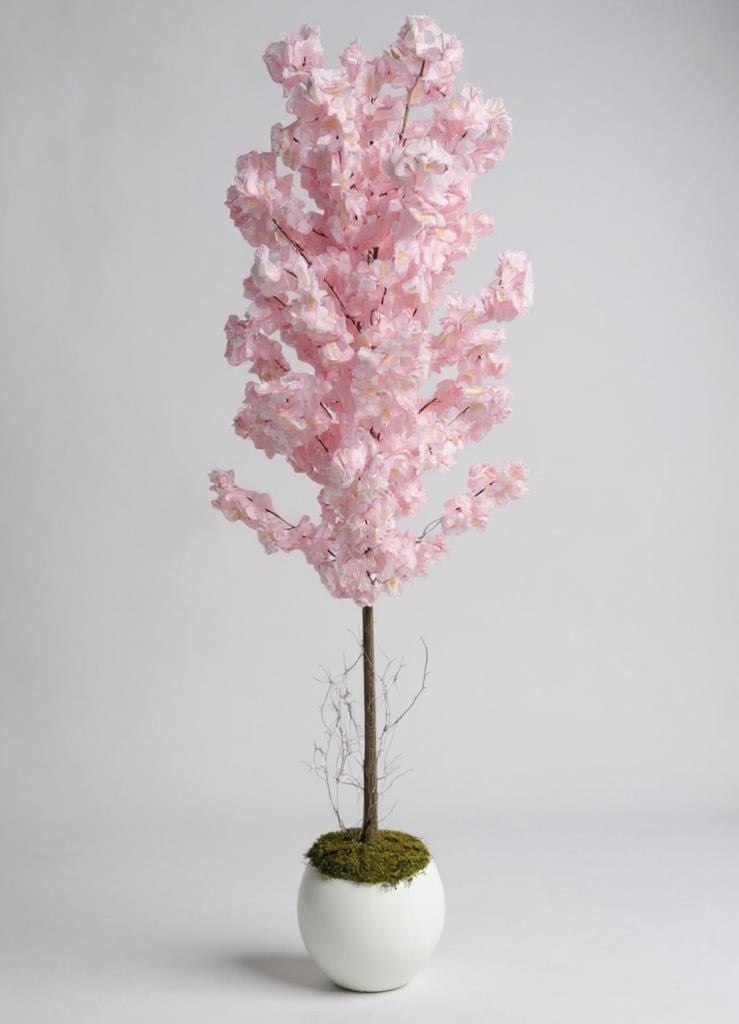 Yapay Ağaç Japon Kiraz Çiçeği Bahardalı Ağacı Beyaz Küre Saksıda Pembe Açık Renkli 160cm