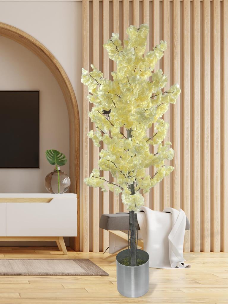 Yapay Ağaç Japon Kiraz Çiçeği Bahardalı Ağacı Galvaniz Saksıda Şampanya Renkli 180cm