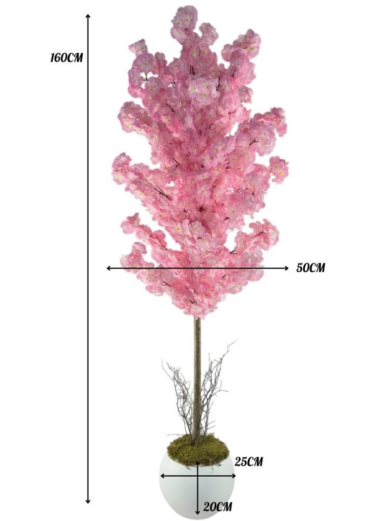 Yapay Ağaç Japon Kiraz Çiçeği Bahardalı Ağacı Beyaz Küre Saksıda Pembe Koyu Renkli 160cm