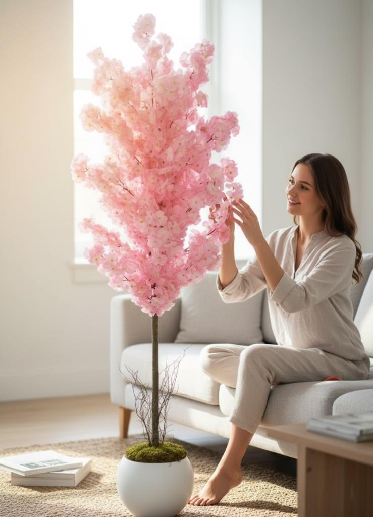 Yapay Ağaç Japon Kiraz Çiçeği Bahardalı Ağacı Beyaz Küre Saksıda Pembe Açık Renkli 160cm