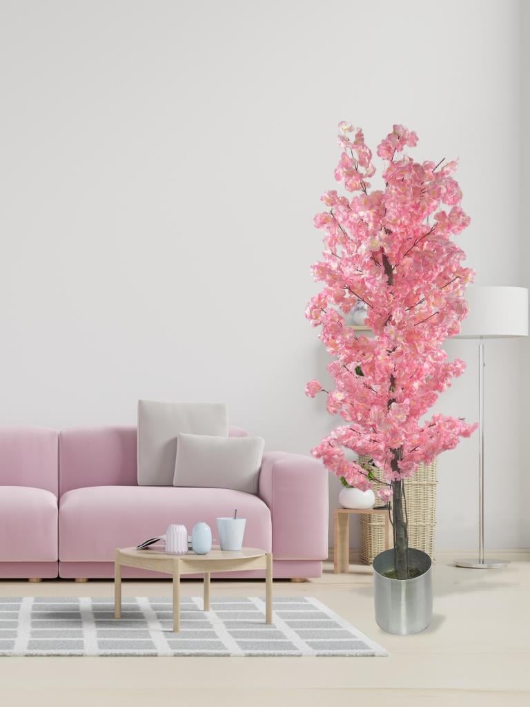 Yapay Ağaç Japon Kiraz Çiçeği Bahardalı Ağacı Galvaniz Saksıda Pembe Koyu Renkli 180cm
