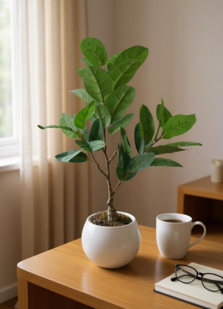 Yapay Ağaç Kauçuk Ağacı Beyaz Küre Saksıda 100*50cm