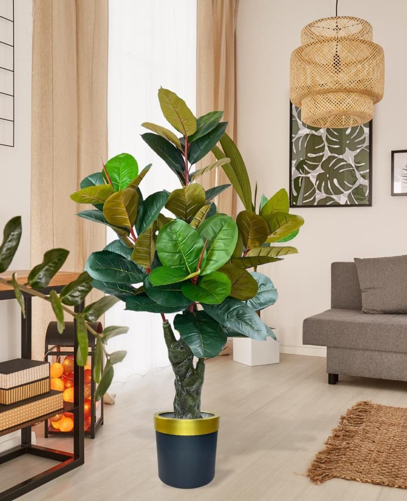 Yapay Ağaç Kauçuk Ağacı Metal Gold Kemerli Saksıda Ficus Elastica Salon Çiçeği 150*90 61 Yaprak